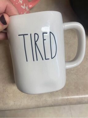 Rae Dunn White Ceramic Mug with 'TIRED' Navy Lettering